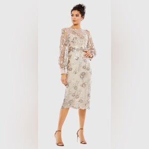 NWT Mac Duggal Embellished High Neck Illusion Long Sleeve Midi Dress in Mocha